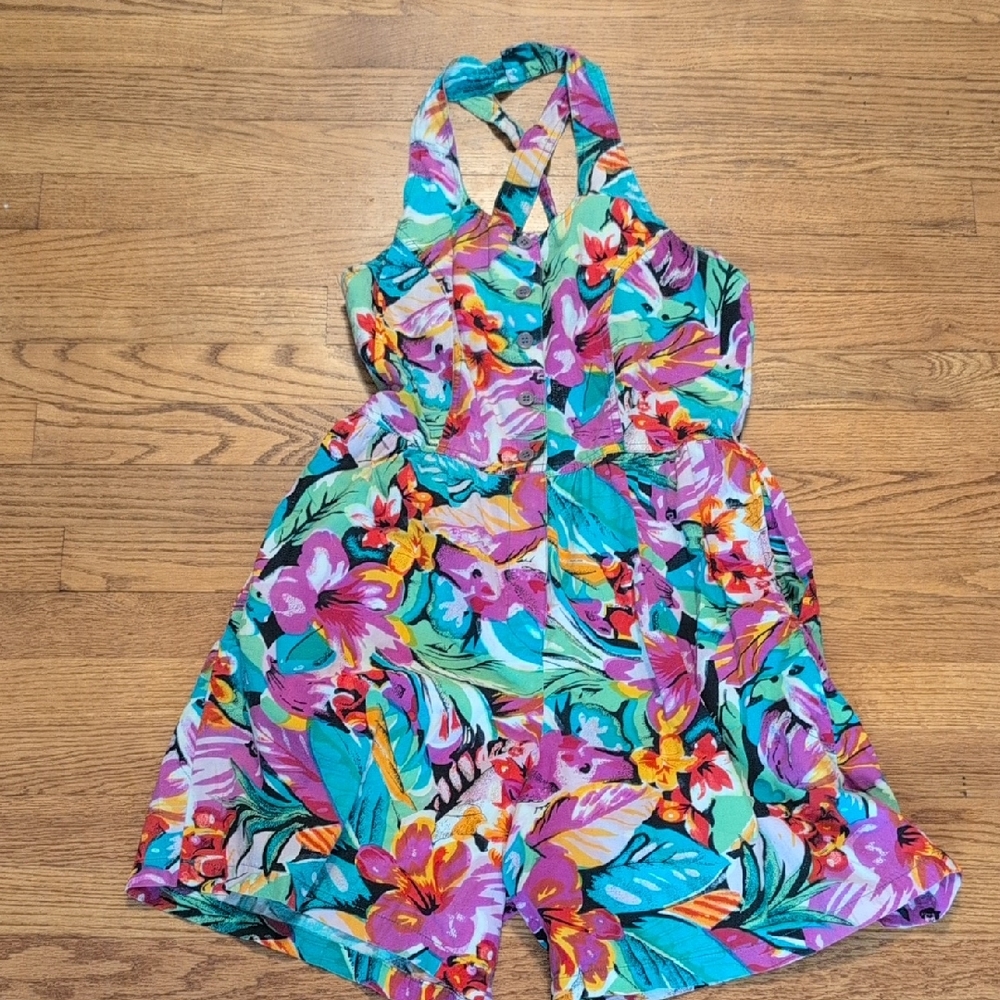 Tangibles- Vintage Made In USA Vibrant Floral Halter Romper Shorts